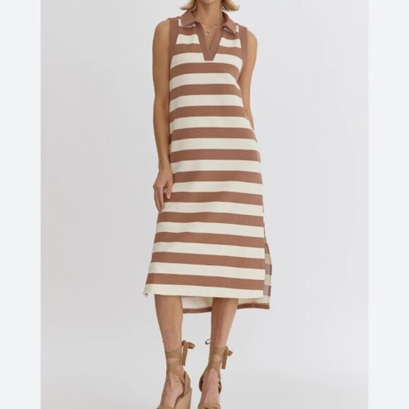 entro Dresses & Skirts - ENTRO - Knit Striped Collard Midi Dress